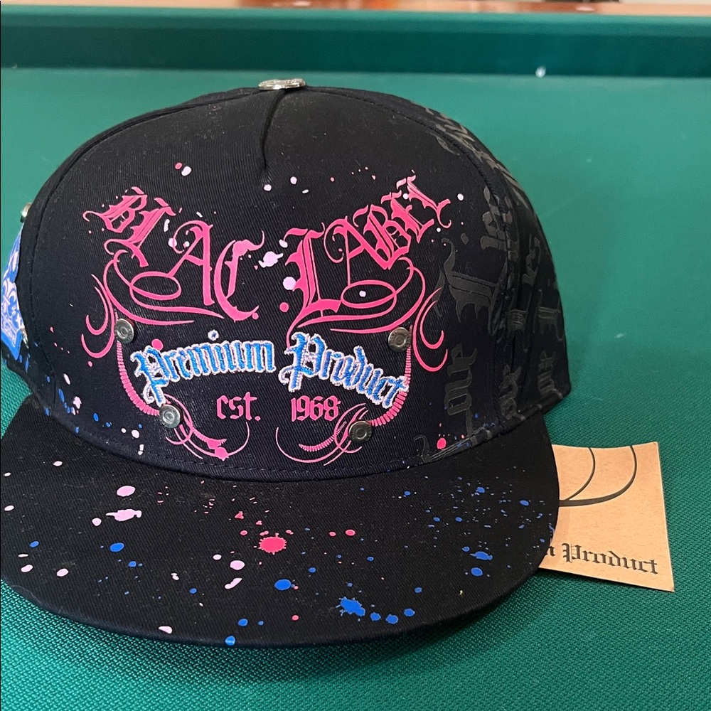 Black 'Blac Label' Snapback Hat with Pink & Blue Accents